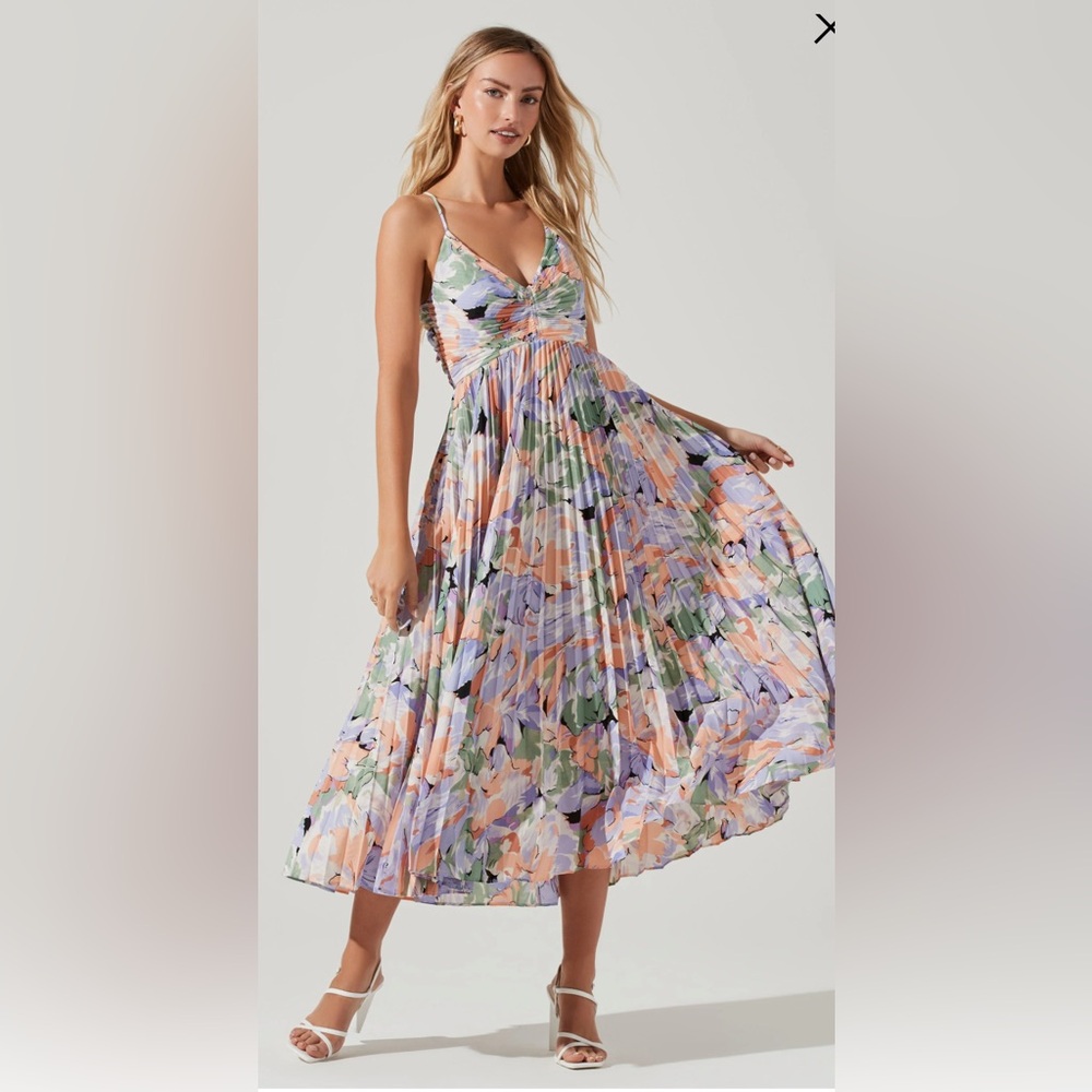 ASTR Blythe Floral Plisse Midi Dress coral multi pleated dress